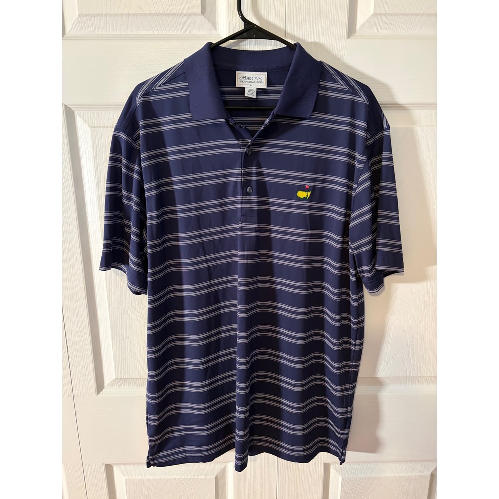 Masters Performance Men Navy Blue Striped Golf Polo Shirt Large Embroidered Logo